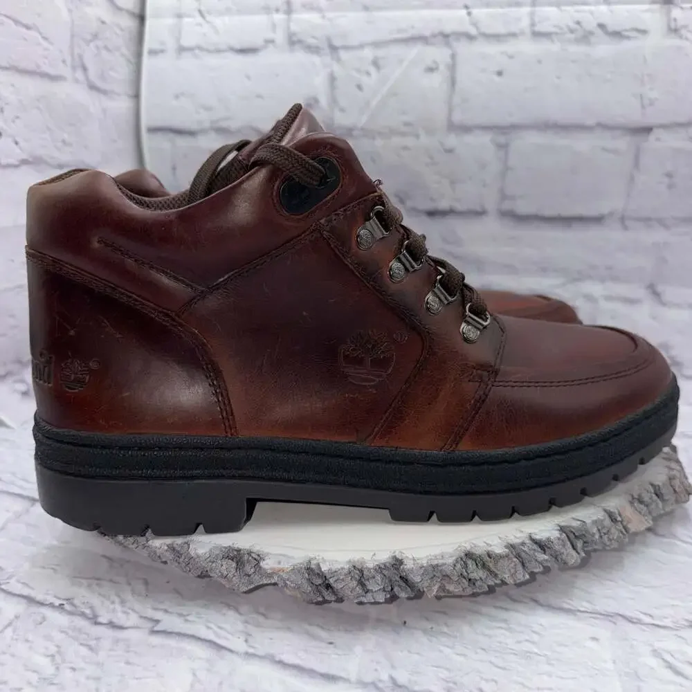 Vintage Mens Timberland All Leather Lug Boots Mahogany Brown Lace Up Size 13